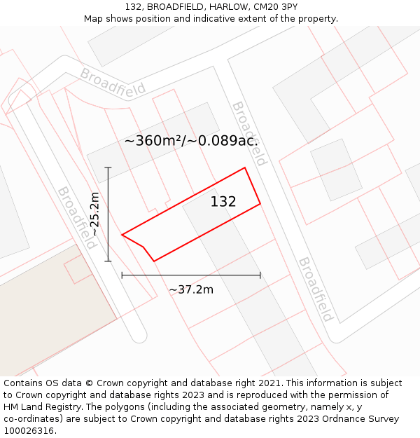 132, BROADFIELD, HARLOW, CM20 3PY: Plot and title map