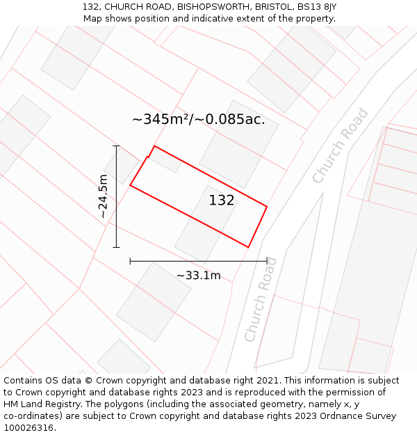132, CHURCH ROAD, BISHOPSWORTH, BRISTOL, BS13 8JY: Plot and title map