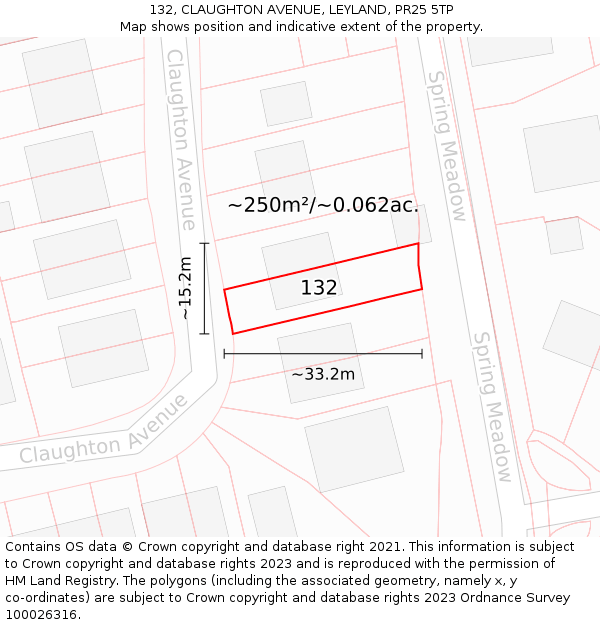 132, CLAUGHTON AVENUE, LEYLAND, PR25 5TP: Plot and title map
