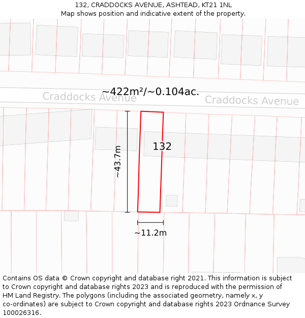 132, CRADDOCKS AVENUE, ASHTEAD, KT21 1NL: Plot and title map