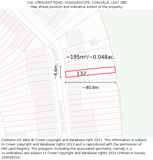 132, CRESCENT ROAD, HUGGLESCOTE, COALVILLE, LE67 2BD: Plot and title map