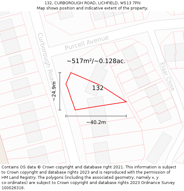 132, CURBOROUGH ROAD, LICHFIELD, WS13 7PN: Plot and title map