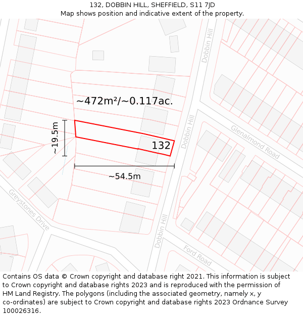 132, DOBBIN HILL, SHEFFIELD, S11 7JD: Plot and title map