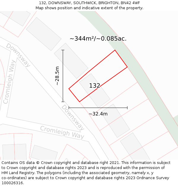 132, DOWNSWAY, SOUTHWICK, BRIGHTON, BN42 4WF: Plot and title map