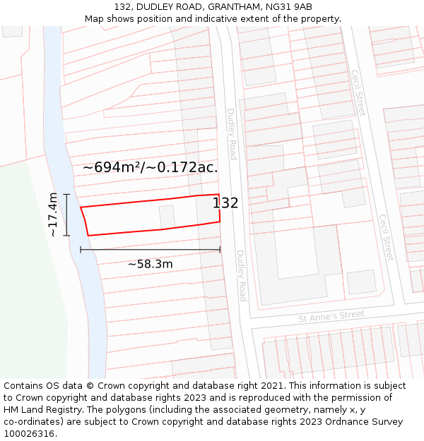 132, DUDLEY ROAD, GRANTHAM, NG31 9AB: Plot and title map
