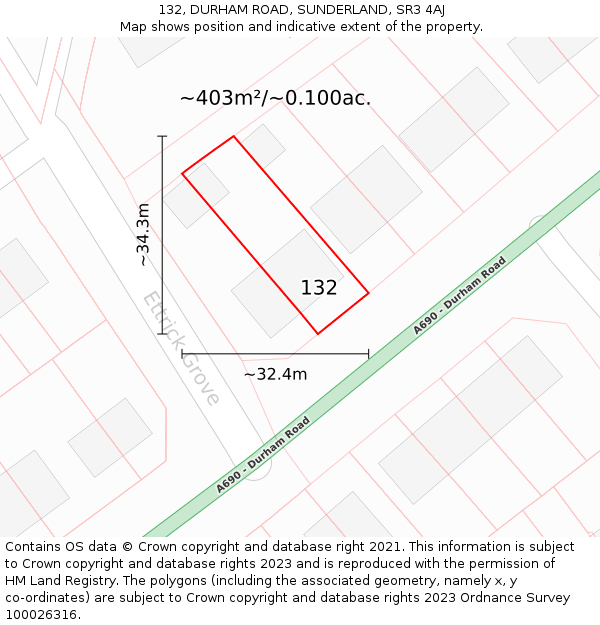 132, DURHAM ROAD, SUNDERLAND, SR3 4AJ: Plot and title map
