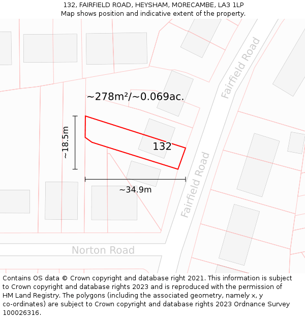 132, FAIRFIELD ROAD, HEYSHAM, MORECAMBE, LA3 1LP: Plot and title map
