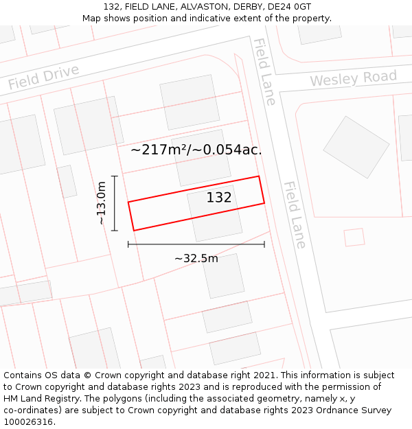 132, FIELD LANE, ALVASTON, DERBY, DE24 0GT: Plot and title map