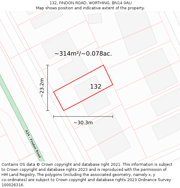 132, FINDON ROAD, WORTHING, BN14 0AU: Plot and title map