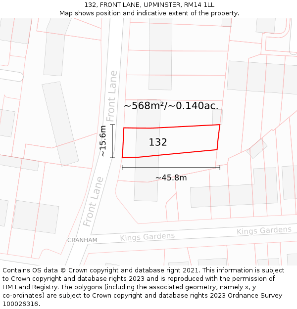 132, FRONT LANE, UPMINSTER, RM14 1LL: Plot and title map