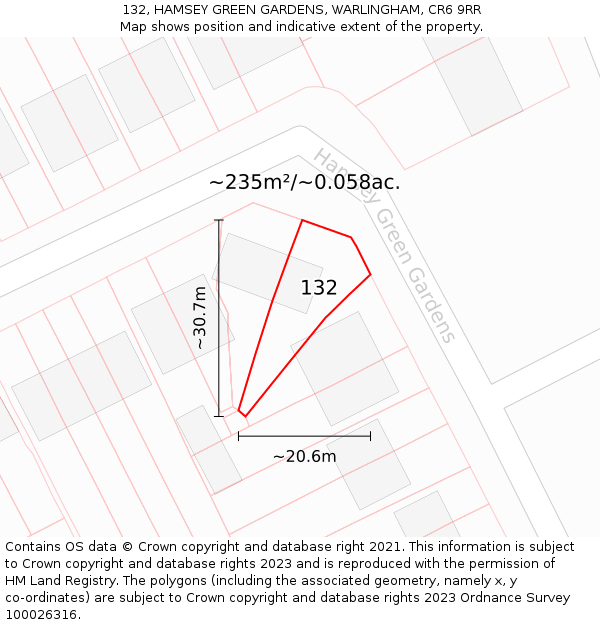 132, HAMSEY GREEN GARDENS, WARLINGHAM, CR6 9RR: Plot and title map