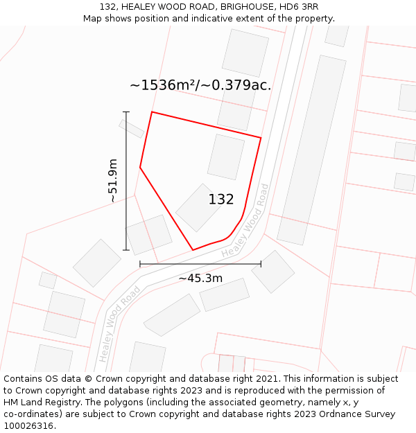 132, HEALEY WOOD ROAD, BRIGHOUSE, HD6 3RR: Plot and title map