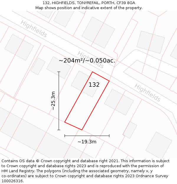 132, HIGHFIELDS, TONYREFAIL, PORTH, CF39 8GA: Plot and title map