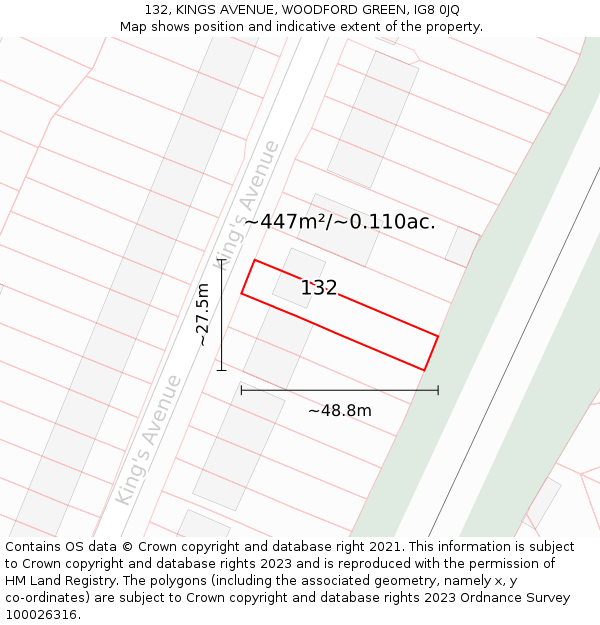 132, KINGS AVENUE, WOODFORD GREEN, IG8 0JQ: Plot and title map