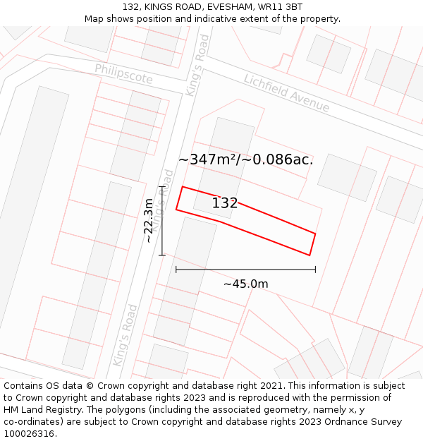 132, KINGS ROAD, EVESHAM, WR11 3BT: Plot and title map