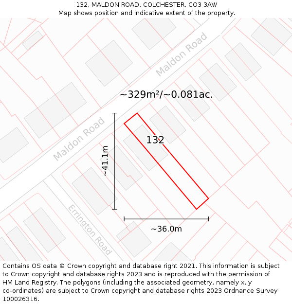 132, MALDON ROAD, COLCHESTER, CO3 3AW: Plot and title map