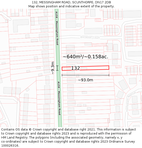 132, MESSINGHAM ROAD, SCUNTHORPE, DN17 2DB: Plot and title map
