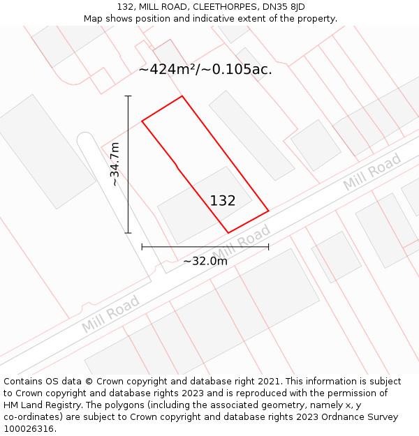 132, MILL ROAD, CLEETHORPES, DN35 8JD: Plot and title map