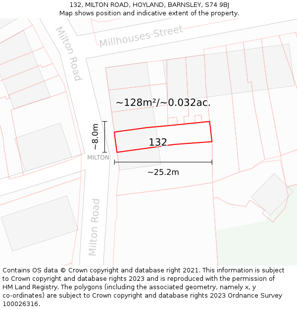 132, MILTON ROAD, HOYLAND, BARNSLEY, S74 9BJ: Plot and title map