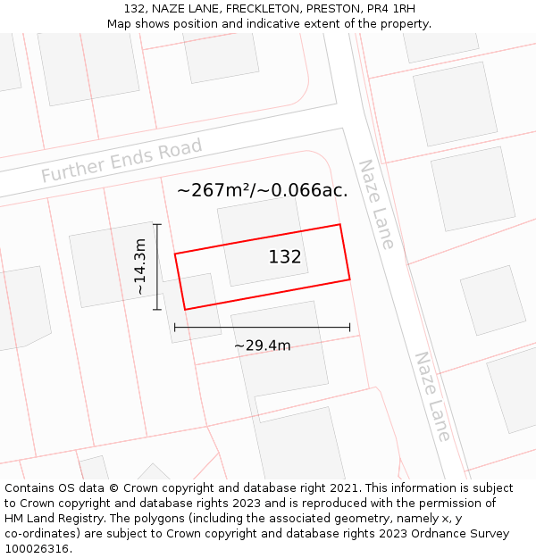 132, NAZE LANE, FRECKLETON, PRESTON, PR4 1RH: Plot and title map