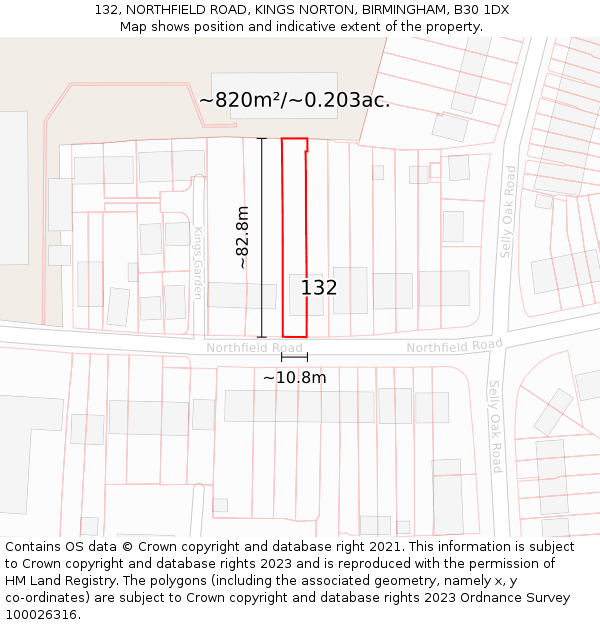 132, NORTHFIELD ROAD, KINGS NORTON, BIRMINGHAM, B30 1DX: Plot and title map