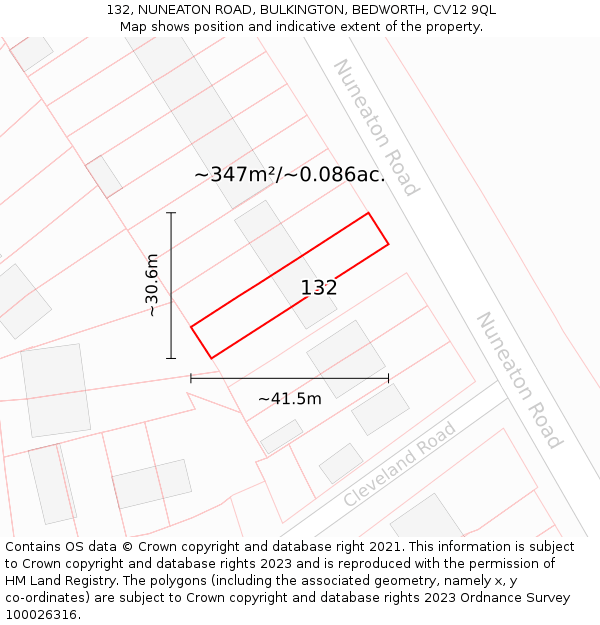132, NUNEATON ROAD, BULKINGTON, BEDWORTH, CV12 9QL: Plot and title map