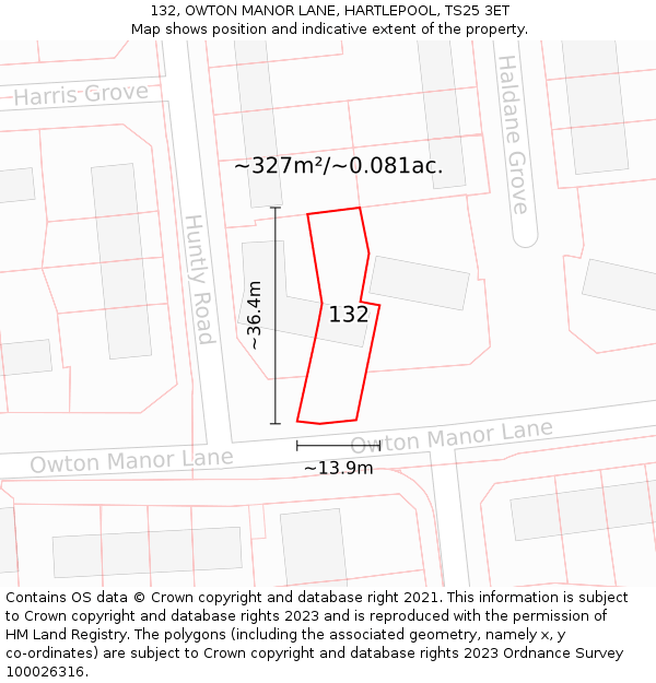 132, OWTON MANOR LANE, HARTLEPOOL, TS25 3ET: Plot and title map
