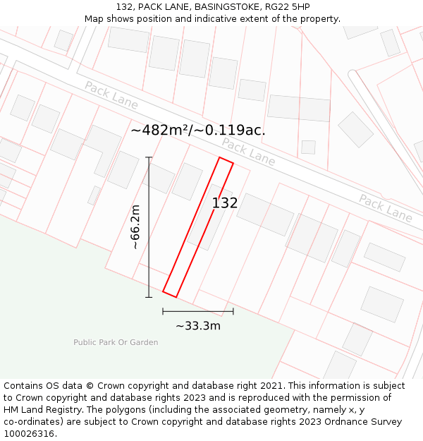 132, PACK LANE, BASINGSTOKE, RG22 5HP: Plot and title map