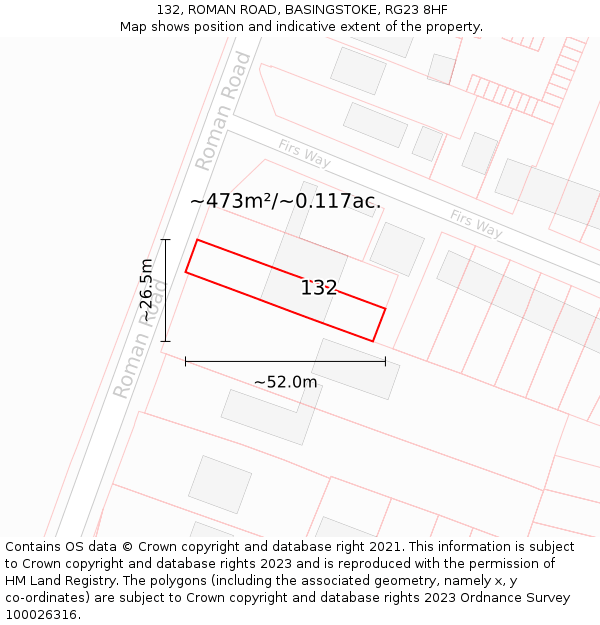 132, ROMAN ROAD, BASINGSTOKE, RG23 8HF: Plot and title map