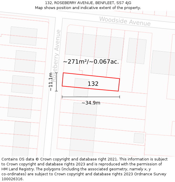 132, ROSEBERRY AVENUE, BENFLEET, SS7 4JG: Plot and title map