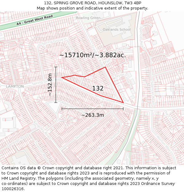 132, SPRING GROVE ROAD, HOUNSLOW, TW3 4BP: Plot and title map