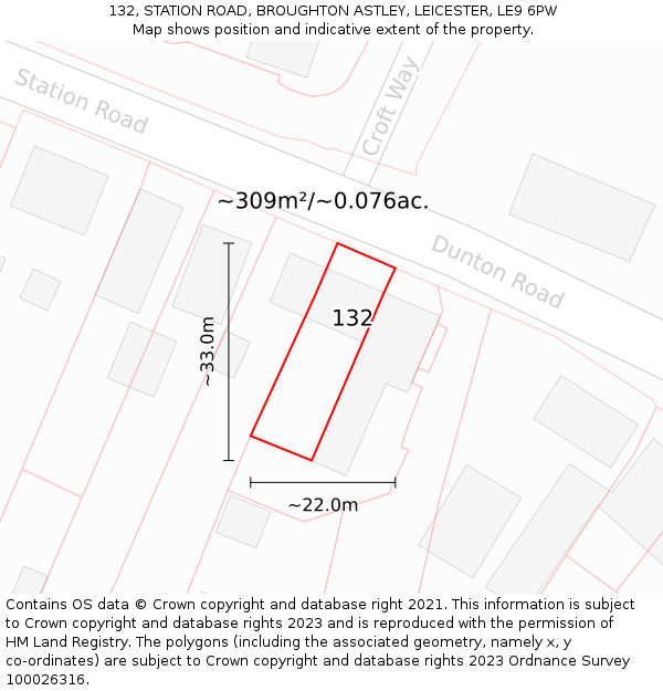 132, STATION ROAD, BROUGHTON ASTLEY, LEICESTER, LE9 6PW: Plot and title map