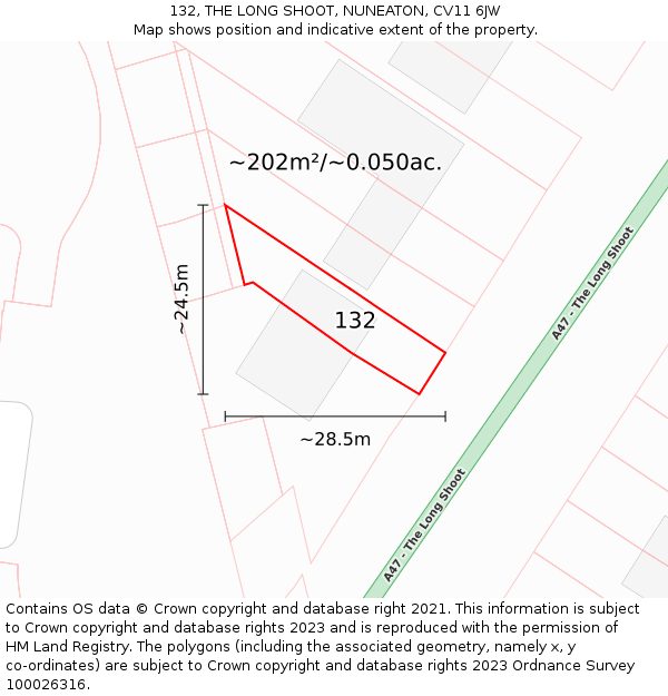 132, THE LONG SHOOT, NUNEATON, CV11 6JW: Plot and title map