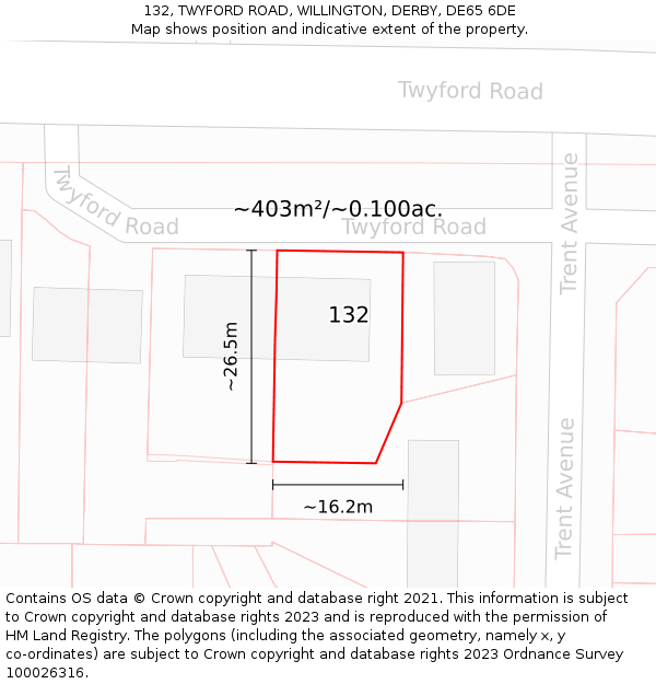 132, TWYFORD ROAD, WILLINGTON, DERBY, DE65 6DE: Plot and title map