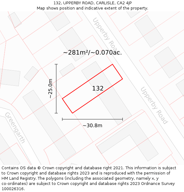 132, UPPERBY ROAD, CARLISLE, CA2 4JP: Plot and title map
