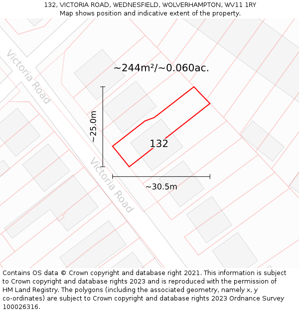 132, VICTORIA ROAD, WEDNESFIELD, WOLVERHAMPTON, WV11 1RY: Plot and title map
