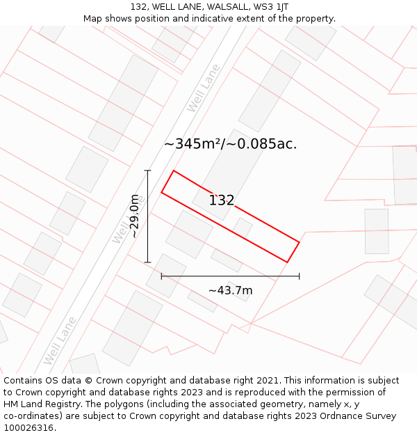 132, WELL LANE, WALSALL, WS3 1JT: Plot and title map