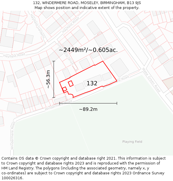 132, WINDERMERE ROAD, MOSELEY, BIRMINGHAM, B13 9JS: Plot and title map