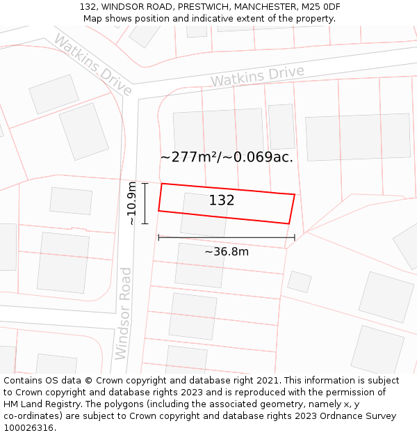 132, WINDSOR ROAD, PRESTWICH, MANCHESTER, M25 0DF: Plot and title map
