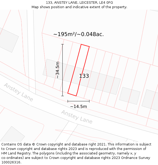 133, ANSTEY LANE, LEICESTER, LE4 0FG: Plot and title map