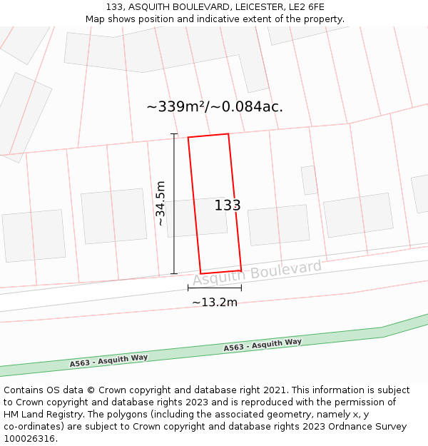 133, ASQUITH BOULEVARD, LEICESTER, LE2 6FE: Plot and title map