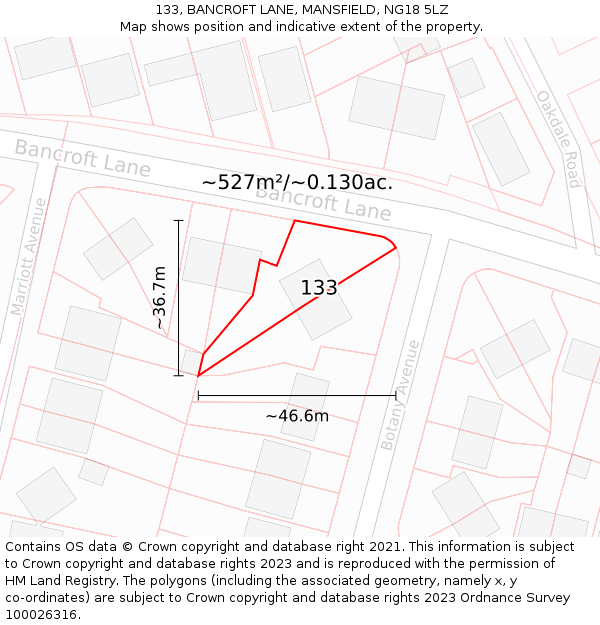 133, BANCROFT LANE, MANSFIELD, NG18 5LZ: Plot and title map