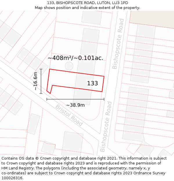 133, BISHOPSCOTE ROAD, LUTON, LU3 1PD: Plot and title map