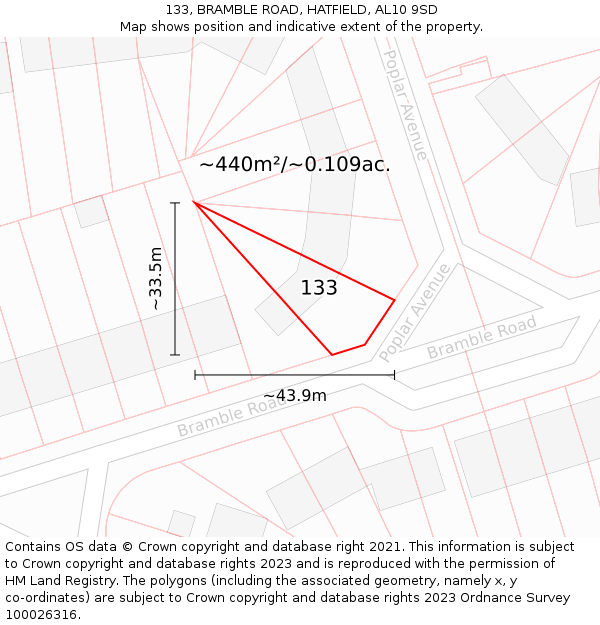 133, BRAMBLE ROAD, HATFIELD, AL10 9SD: Plot and title map