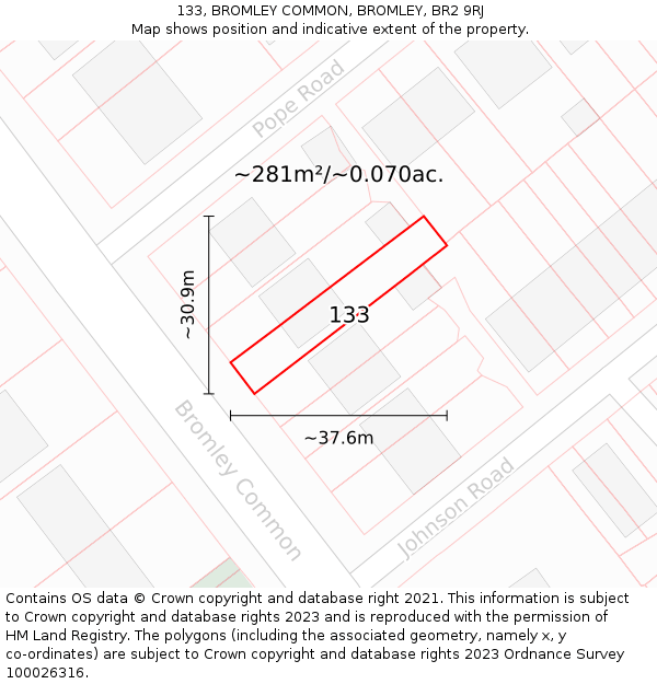 133, BROMLEY COMMON, BROMLEY, BR2 9RJ: Plot and title map