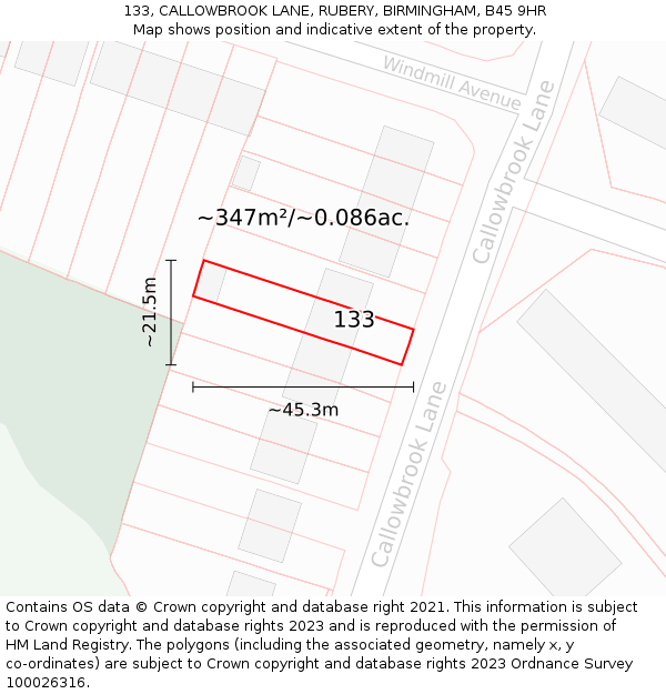 133, CALLOWBROOK LANE, RUBERY, BIRMINGHAM, B45 9HR: Plot and title map