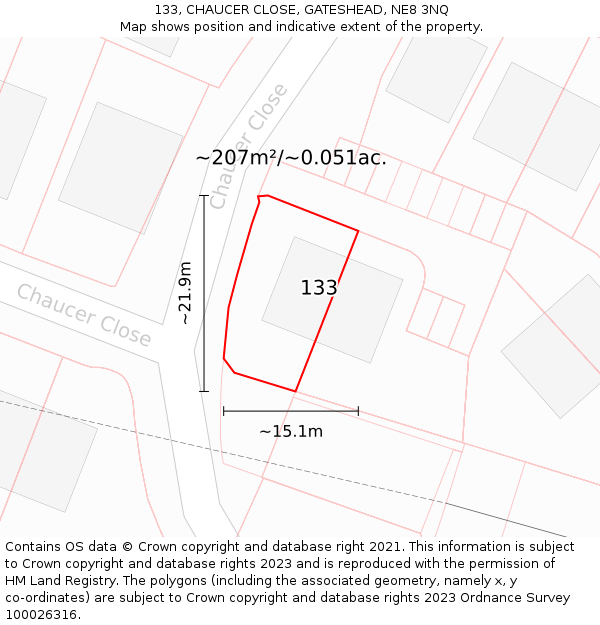 133, CHAUCER CLOSE, GATESHEAD, NE8 3NQ: Plot and title map