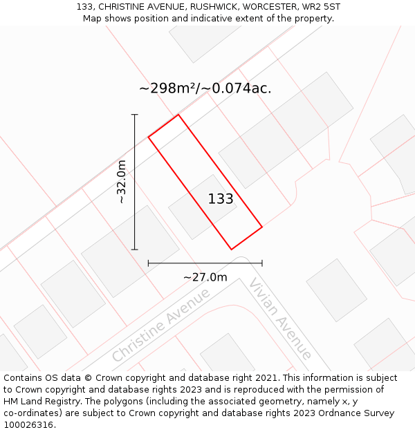 133, CHRISTINE AVENUE, RUSHWICK, WORCESTER, WR2 5ST: Plot and title map