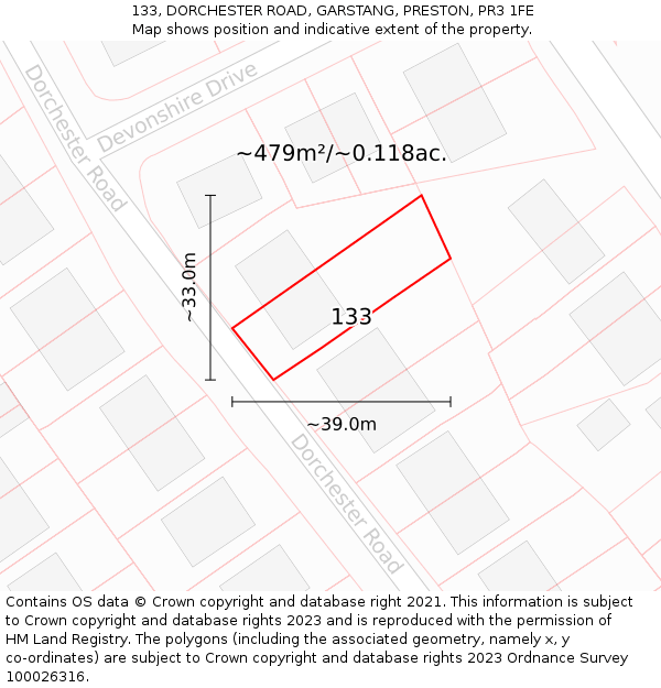 133, DORCHESTER ROAD, GARSTANG, PRESTON, PR3 1FE: Plot and title map