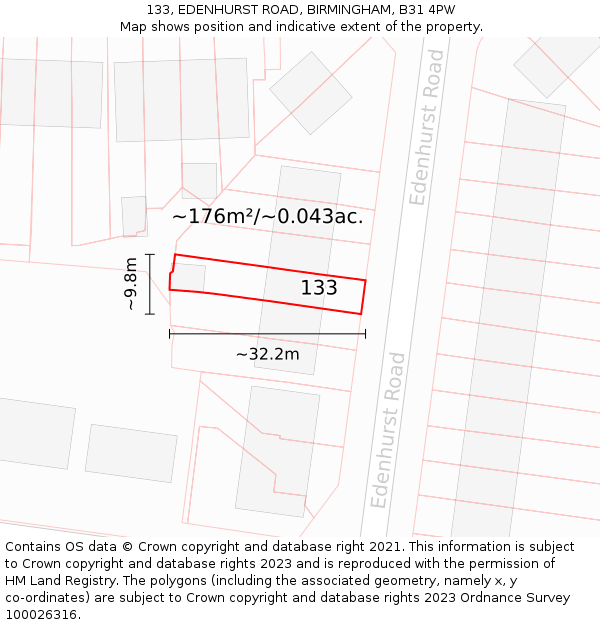 133, EDENHURST ROAD, BIRMINGHAM, B31 4PW: Plot and title map
